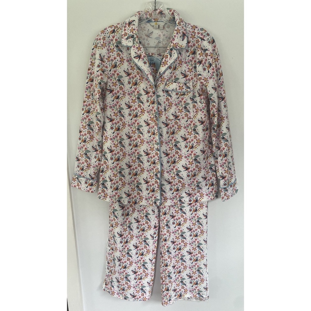 Boden Women's Bird Botanical Cotton Flannel Button Down Pajamas Set Size 2